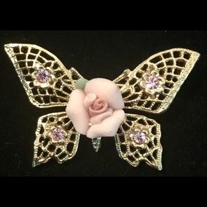 Vintage Pink Porcelain Rose Filigree Butterfly Pin